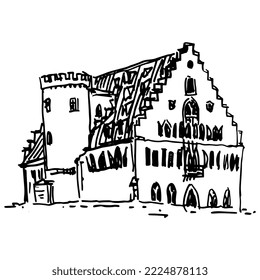 Schloss Rosenau in Coburg, Germany. Rosenau Palace. Historical German castle. Architectural monument. Hand drawn linear doodle rough sketch. Black silhouette on white background.