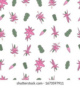 Schlumbergera flower and leaves seamless pattern on a white background. Flora pattern.