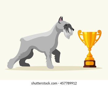 Schnauzer dog character champion with gold cup. Vector flat cartoon illustration