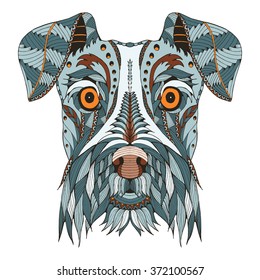 Cabeza de perro Schnauzer estilizada, vectorial, ilustración, lápiz de mano libre, dibujado a mano, patrón. Arte zen, vector ornato. Lace.Color.
