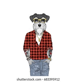 Schnauzer dog hipster, furry art illustration, fashion animals