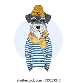 schnauzer dog sailor, nautical poster, furry art, hand drawn illustration