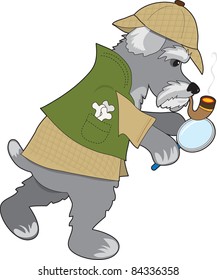 A Schnauzer dressed as a type Sherlock Holmes character is holding a magnifying glass and is looking for a clue