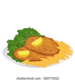 Schnitzel with frech fries, lettuce and lemon slices on white background, vector illustration