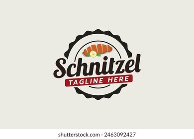 logo de schnitzel con una combinación de piezas de schnitzel y hermosas letras en estilo emblema para restaurantes, food trucks, cafés, etc.