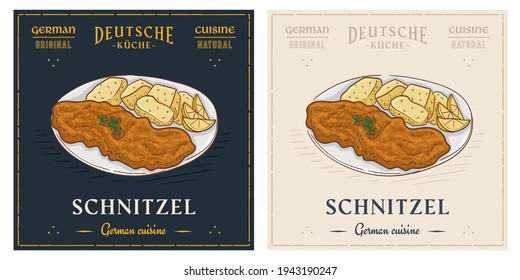 Schnitzel with potato retro vintage illustration dish