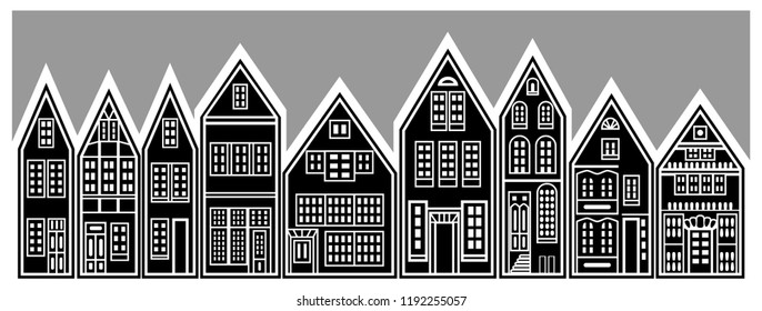 Schnoor in the medieval center of the city of Bremen, Germany. City view of typical old  German street.  Isolated on white background. Simple Illustration. Wall art design. Banner horizontal concept. 