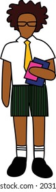 Scholar boy with afro hairstyle in white short sleeve shirt yellow tie in green striped shorts black shoes with white striped socks holding notebooks in his hands vector drawing isolated