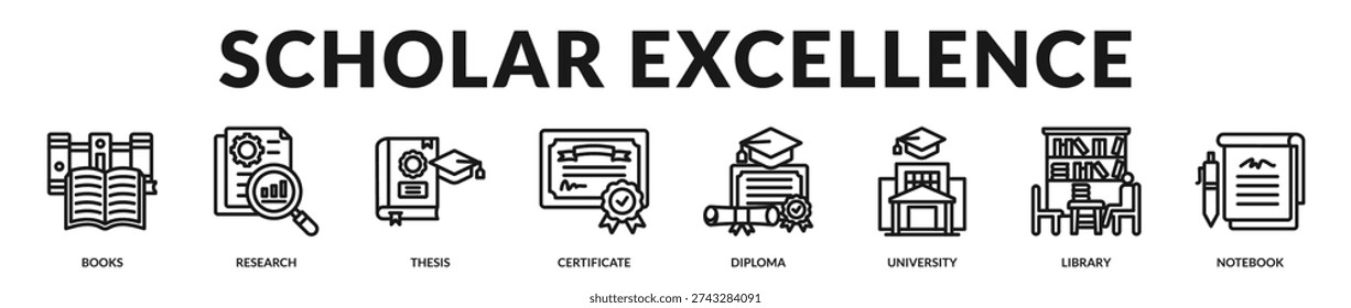 Scholar excellence banner highlighting academic achievement and distinguished educational attainment. in Lineal Icon Style