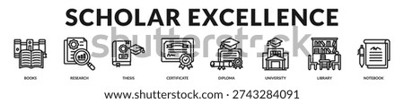 Scholar excellence banner highlighting academic achievement and distinguished educational attainment. in Lineal Icon Style