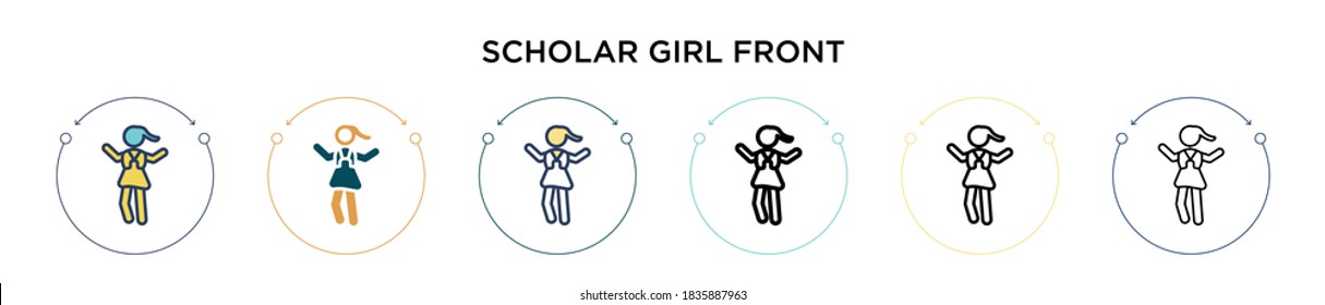 Scholar girl front icon in filled, thin line, outline and stroke style. Vector illustration of two colored and black scholar girl front vector icons designs can be used for mobile, ui, web