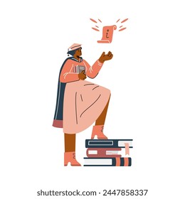 Scholar in graduation cap interacting with information icon. Vector illustration of education and knowledge concept with books and academic attire.