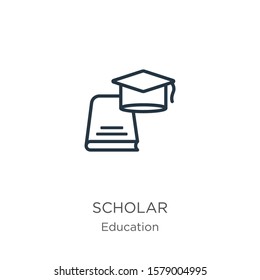 Scholar icon. Thin linear scholar outline icon isolated on white background from education collection. Line vector sign, symbol for web and mobile