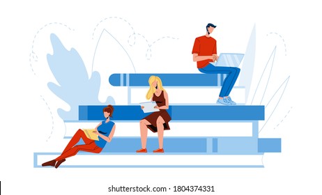 Scholar People Studying Reading On Tribune Vector. Boy Scholar Working With Laptop, Young Girl Watching Tablet And Read Book. Student Education Characters Flat Cartoon Illustration