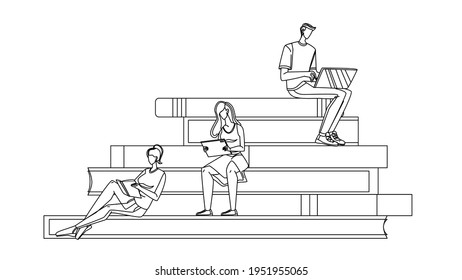 Scholar People Studying Reading On Tribune Black Line Pencil Drawing Vector. Boy Scholar Working With Laptop, Young Girl Watching Tablet And Read Book. Student Education Characters Illustration