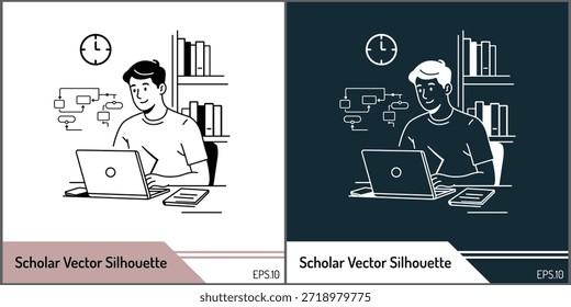 Acadêmico estudando e trabalhando em um notebook na ilustração vetorial do escritório doméstico