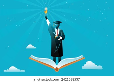 A scholar with torch flying on big book. Vector illustration of business concept.