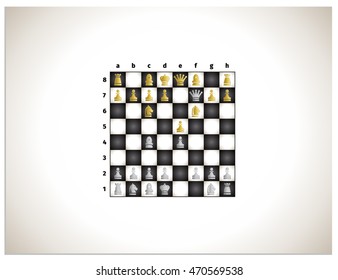Scholar's Mate Vector, Chessboard with Chess Figures Vector, Gold and Silver Chess Figures Vector
