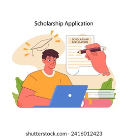 Concepto de solicitud de becas. Un esperanzador estudiante masculino rellena formularios para financiamiento académico, primer paso hacia el éxito educativo. Solicitar ayuda financiera en educación. Ilustración vectorial plana