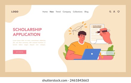 Scholarship application concept. Hopeful male student fills out forms for academic funding, first step towards educational success. Applying for financial help in education. Flat vector illustration