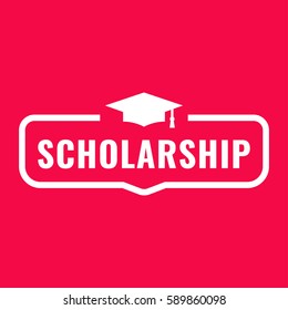 Scholarship. Badge With Graduation Hat Icon. Flat Vector Illustration On Red Background.