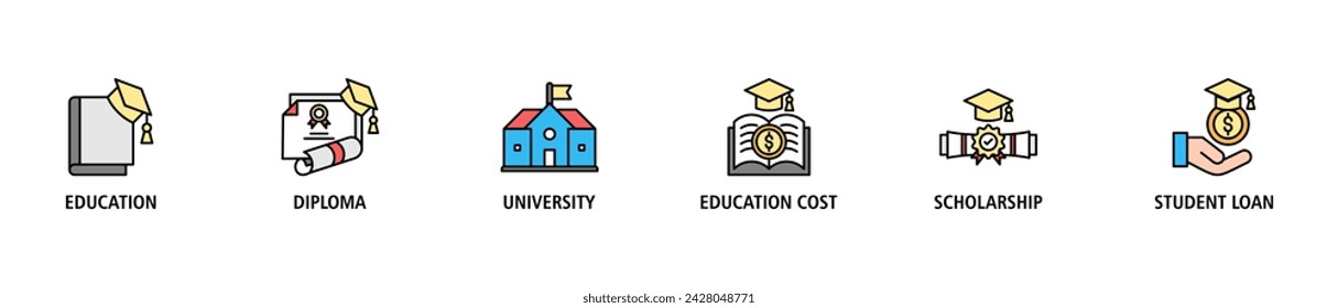 Scholarship banner web icon set vector illustration concept with icon of education, diploma, university, education cost, scholarship, loan student