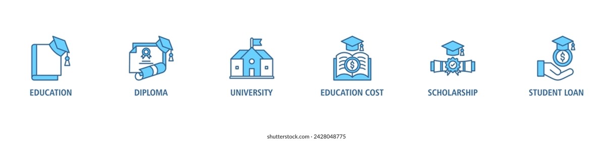 Scholarship banner web icon set vector illustration concept with icon of education, diploma, university, education cost, scholarship, loan student