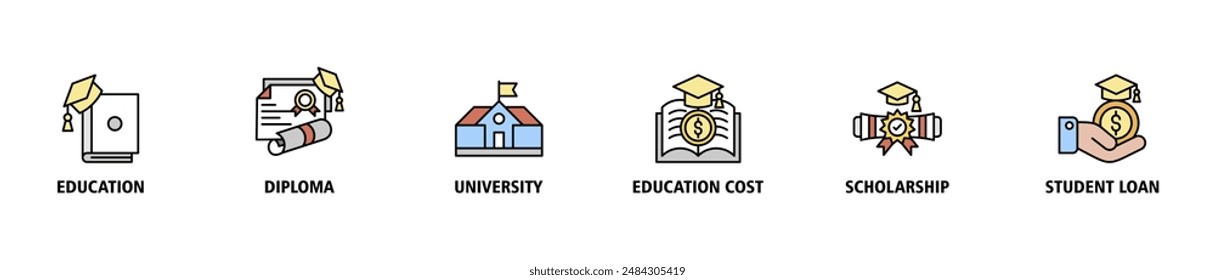 Scholarship banner web icon set vector illustration concept with icon of education, diploma, university, education cost, scholarship, loan student