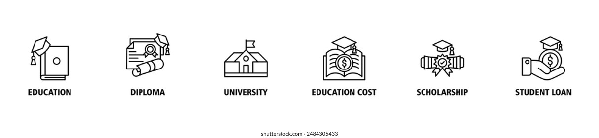 Scholarship banner web icon set vector illustration concept with icon of education, diploma, university, education cost, scholarship, loan student