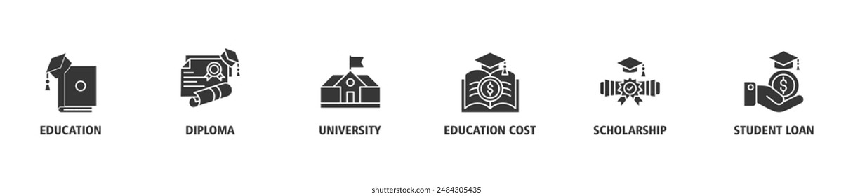 Scholarship banner web icon set vector illustration concept with icon of education, diploma, university, education cost, scholarship, loan student