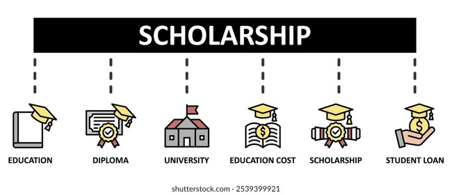 Scholarship banner web icon set vector illustration concept with icon of education, diploma, university, education cost, scholarship, loan student icons symbol template background