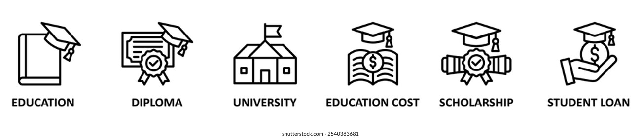 Stipendium Banner Web-Symbol Satz Vektorgrafik-Konzept mit Symbol für Bildung, Diplom, Universität, Bildungskosten, Stipendium, Darlehen Studenten Symbole Symbol Vorlage Hintergrund