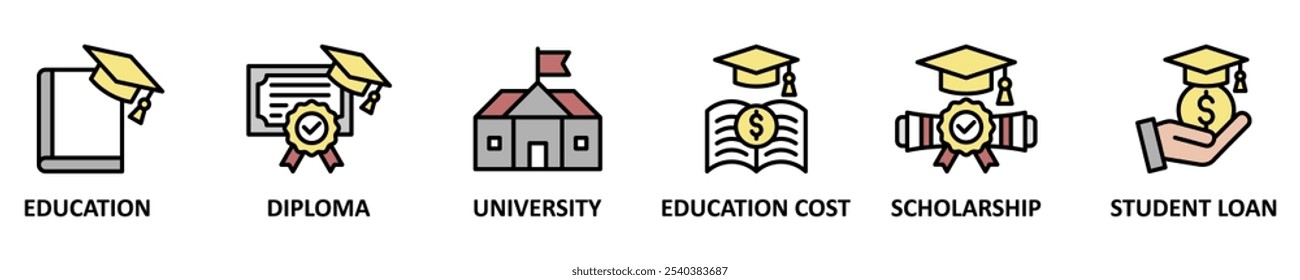 Scholarship banner web icon set vector illustration concept with icon of education, diploma, university, education cost, scholarship, loan student icons symbol template background