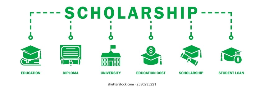 Concepto de Ilustración vectorial del icono del Web del Anuncio de la beca con el icono de la educación, diploma, universidad, coste de la educación, beca, estudiante del préstamo