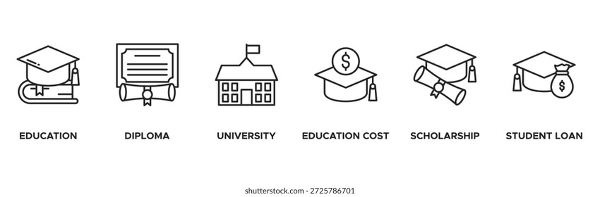 Stipendium Banner Web-Symbol Vektorgrafik-Konzept mit Symbol für Bildung, Diplom, Universität, Bildungskosten, Stipendium, Darlehen Student
