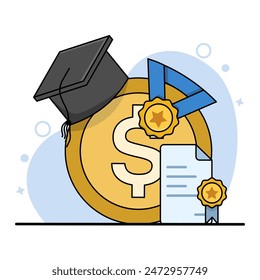 Stipendium, Zertifikat, Abzeichen und Geld Cartoon Konzept. Abschlussbescheinigung. Leistungsnachweise, Ausbildung, Auszeichnungen, Stipendien, Bachelor-Abschlüsse, Diplome. Finanzierungskonzept der Bildung.