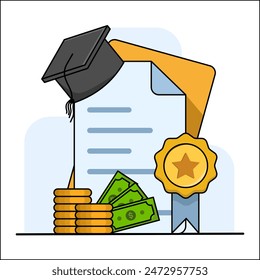 Scholarship, Certificate, Badge and Money Cartoon Concept. Completion certificate. Certificates of achievement, education, awards, scholarships, bachelor degrees, diplomas. Education Finance Concept.