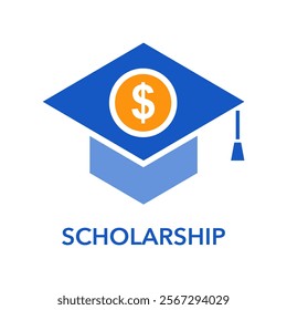 Scholarship concept. Dollar coin with academic graduation hat for university, college, school vector on white background.