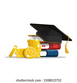 Scholarship Concept. Education Loan For Pursuing. Graduation Hat And Stack Of Coins. Vector Illustration In Flat Style.