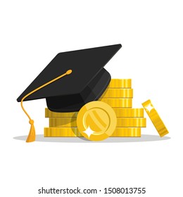 Scholarship concept. Education loan for pursuing. Graduation hat and stack of coins. Vector illustration in flat style.