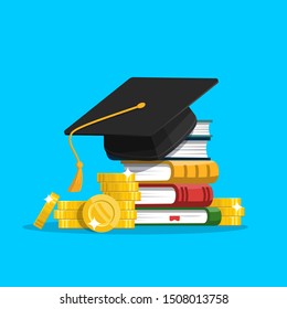 Scholarship Concept. Education Loan For Pursuing. Graduation Hat And Stack Of Coins. Vector Illustration In Flat Style.