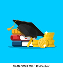 Scholarship concept. Education loan for pursuing. Graduation hat and stack of coins. Vector illustration in flat style.