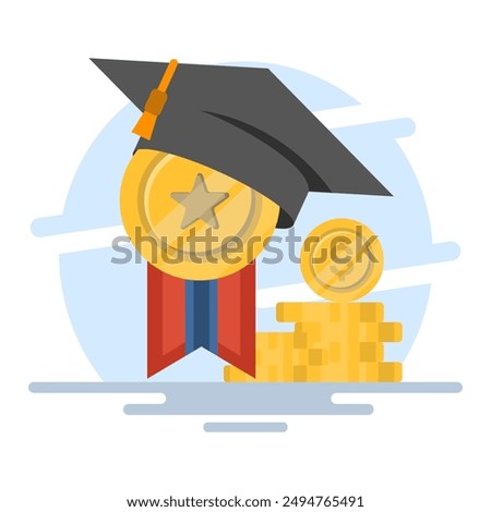scholarship concept. graduation cap, coins and graduation letter cartoon vector illustration design. Educational achievement, learning, scholarship, education, flat cartoon flat vector illustration