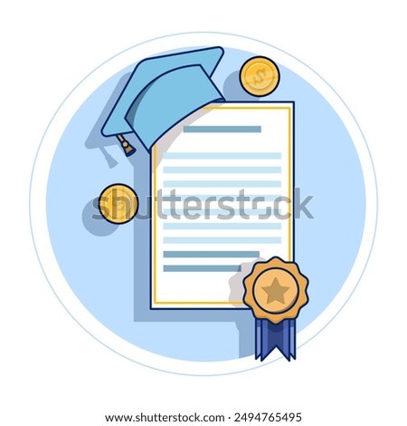 scholarship concept. graduation cap, coins and graduation letter cartoon vector illustration design. Educational achievement, learning, scholarship, education, flat cartoon flat vector illustration
