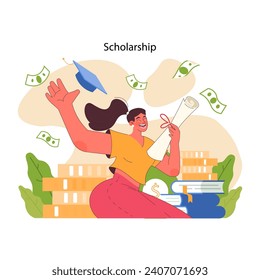 Scholarship concept. Joyful female student celebrates educational funding, waving amidst shower of money and academic success. Help to pay for tuition, financial aid. Flat vector illustration