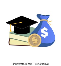 Scholarship Concept, Money And Books For College Education. Scholarship Investment In College Or School, Cost Of Study, Graduation Chance. Vector Scholarship Award Illustration