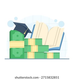 Scholarship concept with money, stack of coins, and graduation cap. Vector illustration for education funding, financial aid, student grants, and academic support.