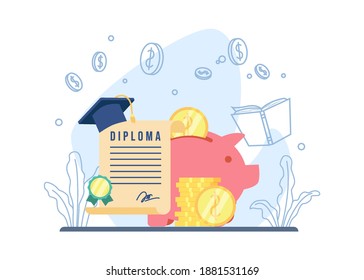 Scholarship concept. piggy bank and stack of coins. saving money, investment in knowledge icon. suitable for landing page, mobile app, sticker, poster, flyer, article, and banner. vector illustration