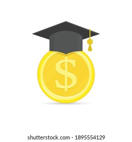 Scholarship concept - Savings for higher education. Conception of education fee, education expenses, school tuition cost, flat style cartoon graduation cap with coin, education finances.