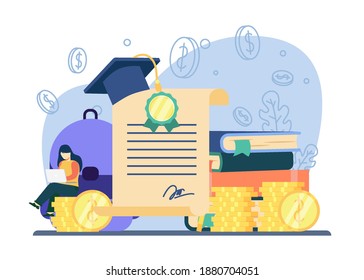 concepto de beca. pila de libros y monedas, moneda grande con límite de graduación, bolso escolar, concepto de educación, inversión en conocimiento, préstamos estudiantiles, ahorro de dinero para estudio. ilustración vectorial